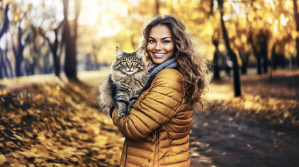Joyful white woman with curly hair and her furry cat in an autumn park filled with vivid fall colors, capturing cozy seasonal beauty on a sunny, crisp day