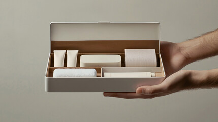 Hand holding a high-end grooming kit, fingers positioned to show the contents and packaging.