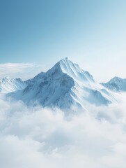 Obraz premium Majestic snow-capped mountain peak surrounded by soft white clouds against a clear blue sky.