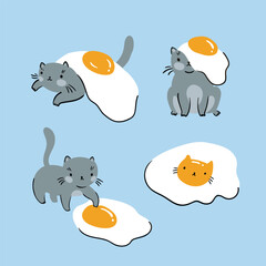 Cute cat and fried eggs isolated design elements. Vector animal illustration. Baby cats sticker pack for cat lovers on blue background. Kawaii cats and fried eggs card.