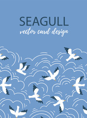 Vector seagull card design with place for your text. Cute marine bird template. Blue background with clouds and birds