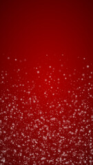 Snowfall overlay christmas background. Subtle flying snow flakes and stars on christmas red background. Festive snowfall overlay. Vertical vector illustration.