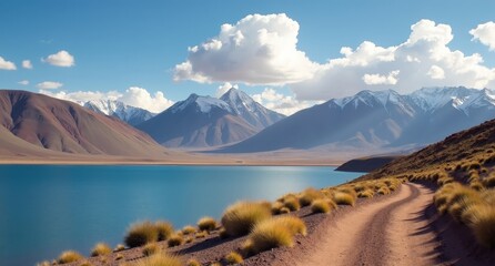 Lake Titicaca, Peru-Bolivia border, expansive blue lake with mountain backdrop, capturing the serene and cultural significance of South America's largest lake.