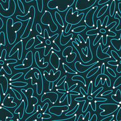Naklejka premium Vector stylish abstract line seamless pattern. Blue lines and white dots on black background. Line art seamless fabric design. Hand-drawn linear wallpaper or wrapping paper.