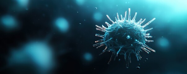 Microscopic view of a virus, ethereal blue background, highlighting intricate details and structure.
