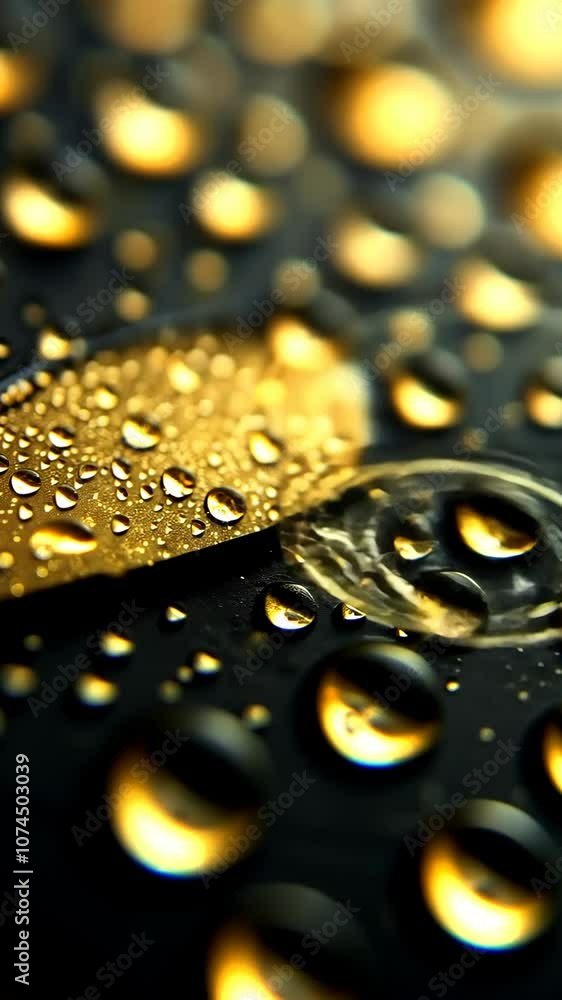 Poster a close-up view of water droplets resting on a gold leaf, capturing the intricate details of their s