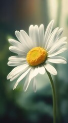 Obraz premium A rendering of a daisy, with soft white petals and a yellow center. The background is softly blurred in shades of green.