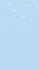 Falling snowflakes christmas background. Subtle flying snow flakes and stars on light blue winter backdrop. Beautifully falling snowflakes overlay. Vertical vector illustration.