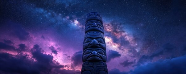 Majestic ancient totem pole standing tall beneath a breathtaking starry night sky.