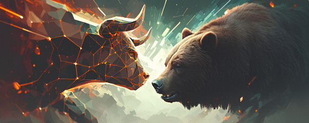 Polygonal golden bull facing off against a realistic bear, the Bitcoin logo shining brightly between them, dynamic sparks and energy trails