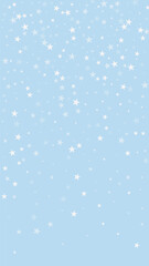 Falling snowflakes christmas background. Subtle flying snow flakes and stars on light blue winter backdrop. Beautifully falling snowflakes overlay. Vertical vector illustration.