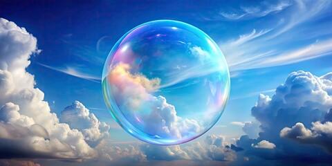Beautiful Soap Bubble Floating Against a Sky of Fluffy Clouds - Captivating Candid Photography of Nature's Delicate Artistry in a Serene Atmosphere with Soft Lighting and Vibrant Colors