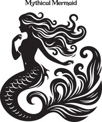 Mermaid vector illustration design template. A graceful mermaid with flowing hair and shimmering tail, symbolizing mystery and allure.