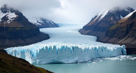 Obraz premium Patagonia Glacier, Argentina, vast blue glacier with jagged ice formations under clear sky, highlighting the raw and frozen beauty of Patagonia’s wilderness.