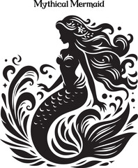 Mermaid vector illustration design template. A graceful mermaid with flowing hair and shimmering tail, symbolizing mystery and allure.