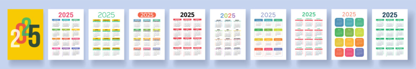 2025 calendar set. Vector pocket calender design. Week starts on Sunday. January, February, March, April, May, June, July, August, September, October, November, December
