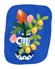 Flower vase card. Tropical bouquet with leaf plants, lemon fruits on branch, floral blossoms in decorative pitcher. Modern botanical wall art. Flat vector illustration isolated on white background