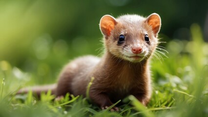 A cute tiny weasel on a nice summer day on green grass.