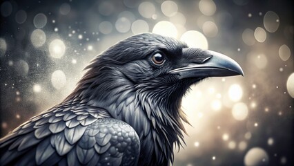 Fototapeta premium Black and White Crow Engraving with Bokeh Effect for Artistic Illustrations and Unique Designs