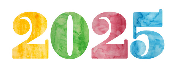Watercolor 2025 year. English aquarelle colorful text