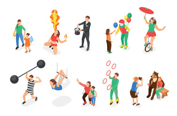 Isometric circus artists and visitors. Magician clown stuntman aerialist juggler. Street theater artists, children adult entertainment, flawless vector characters