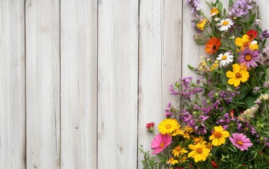 Fototapeta premium A vibrant arrangement of wildflowers against a rustic wooden backdrop, showcasing a variety of colors and types, perfect for a natural aesthetic.