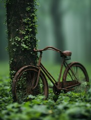 Fototapeta premium Rusty bicycle leaning against a tree in a misty green forest.