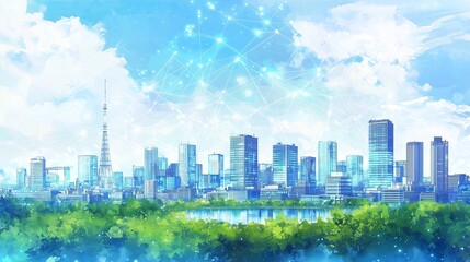 Obraz premium Futuristic cityscape with digital network overlay, symbolizing smart city connectivity.