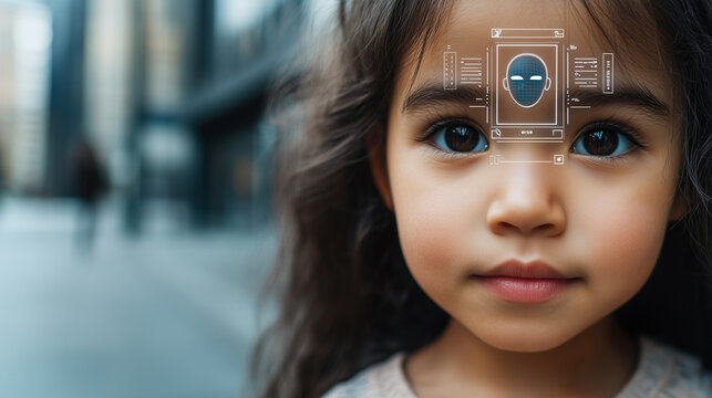 Young Girl's Face on City Street with Face Recognition
