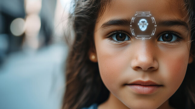 Young Girl's Face on City Street with Face Recognition