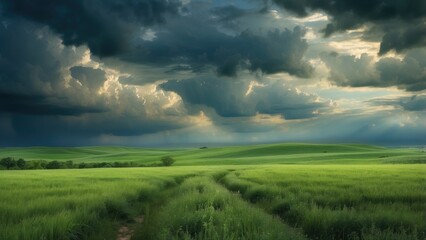 Obraz premium Over the verdant field, a stormy sky. composition of nature.