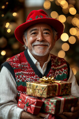 Fototapeta premium Festive Portrait of Latino Elderly Male Wearing Christmas Vest And red Hat And Holding Christmas Gift