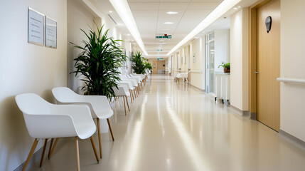 Bright Modern Hospital Hallway with White Waiting Chairs