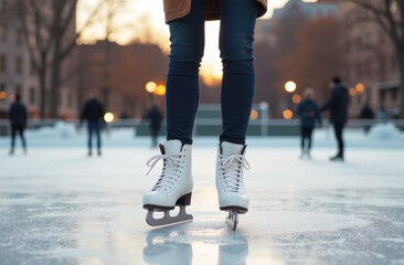 Fototapeta premium A skater glides gracefully on ice, with tranquil winter scenery and soft sunlight filtering through trees