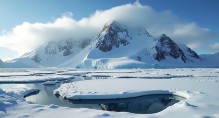 Mount Erebus, Antarctica, active volcanic peak with snow-covered slopes against a stark landscape, capturing the harsh beauty and isolation of Antarctica.