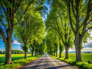 Obraz premium Lush Green Trees Framing a Serene Country Road with Blue Sky and Sunlight in the Background for Scenic Nature Photography