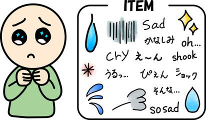 悲しむ(落ち込む)人と装飾アイテムセット、カラー版