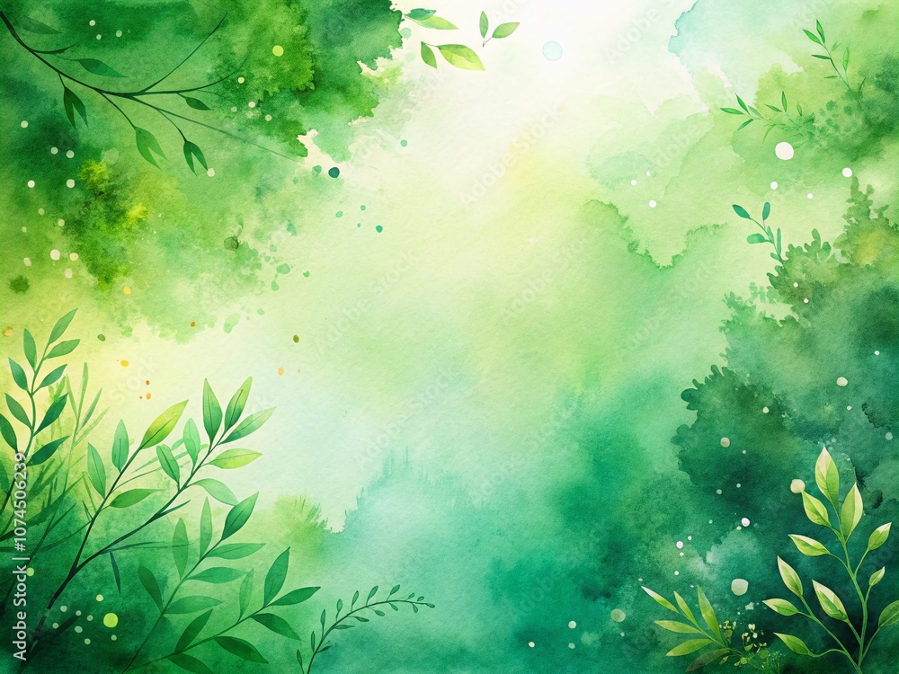 Poster lush watercolor green background with organic textures and soft hues, perfect for nature themes and 