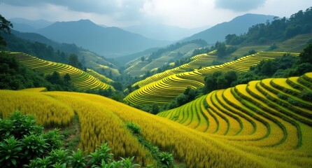Fototapeta premium Mù Cang Chải rice terraces, Vietnam, lush green terraces winding along hillsides, showcasing the vibrant beauty and intricate patterns of Vietnamese agriculture.