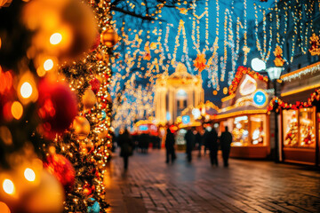 festive street adorned with colorful Christmas lights and decorations, creating warm and joyful atmosphere during holiday season