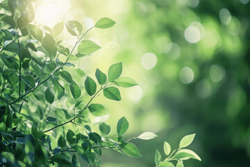 Obraz premium Lush green leaves with soft sunlight filtering through, creating serene atmosphere