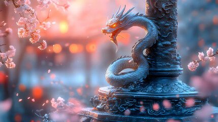Fototapeta premium Dragon Statue with Sakura Blossoms 3D Illustration