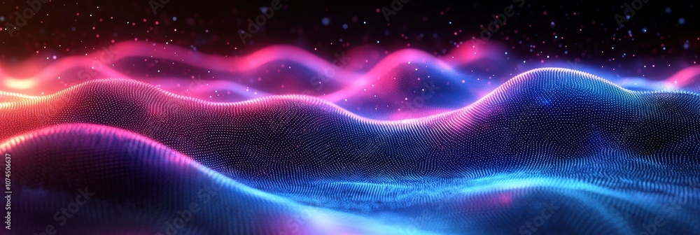 Poster abstract representation of interconnected digital particles creating a wave-like effect in a vibrant