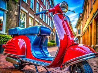 Fototapeta premium Macro Photography of a Blue Motor Scooter with a Vibrant Red Seat, Ideal for Transportation Concepts and Urban Lifestyle Imagery