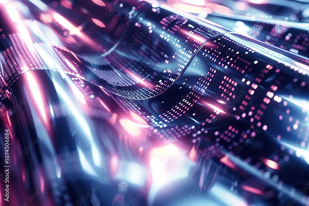 Poster flowing metallic surface with glowing digital patterns
