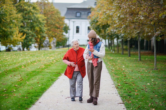 Portrait of a granddaughter on an autumn walk in the park with her grandmother.