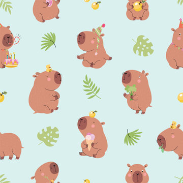Cartoon capybara seamless pattern. Funny capybaras keep calm, resting and eating. Adorable childish print design, nowaday vector animal characters