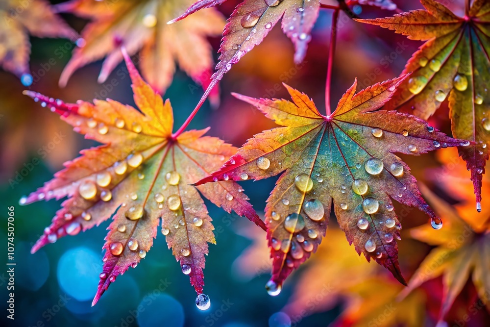 Poster macro photography of maple leaves with delicate raindrops, perfect for backgrounds in text design an