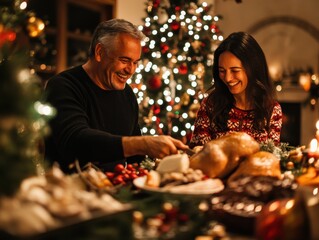 Happy couple enjoying a festive dinner by the Christmas tree, full of warmth and joy.