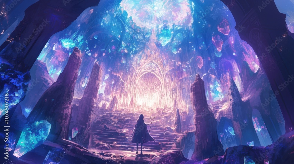 Poster the enchanted lightning sparks that burst from the tip of the wizards wand lit up the dark cavern wi